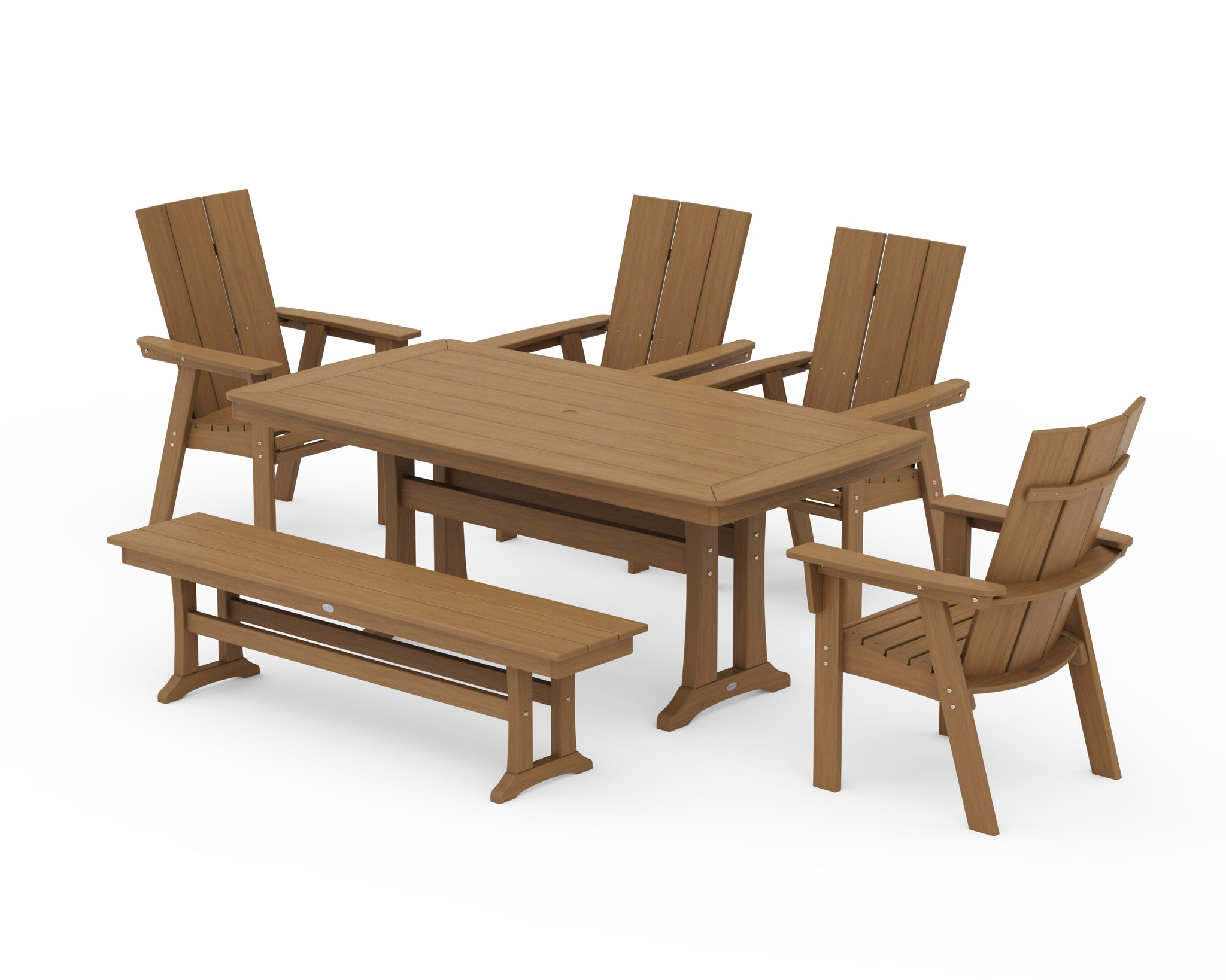Modern Curveback Adirondack 6-Piece Farmhouse Dining Set with Trestle Legs and Bench