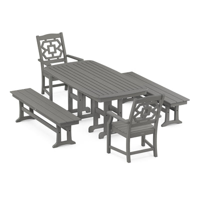 Chinoiserie 5-Piece Dining Set with Benches