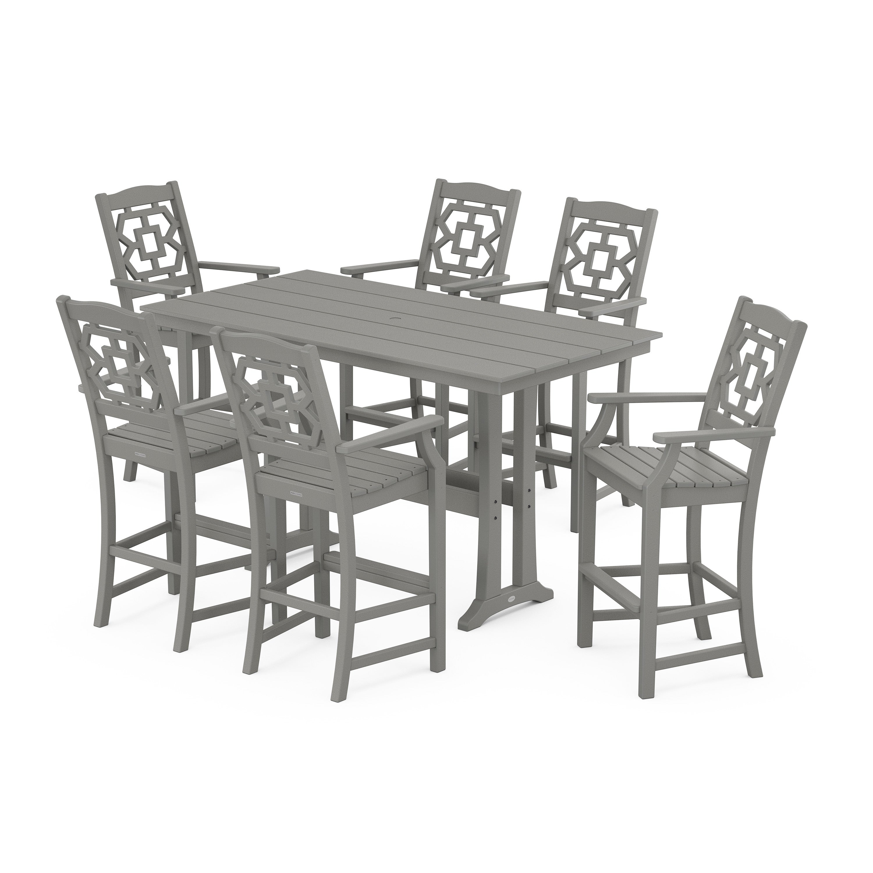 Chinoiserie Arm Chair 7-Piece Farmhouse Bar Set with Trestle Legs