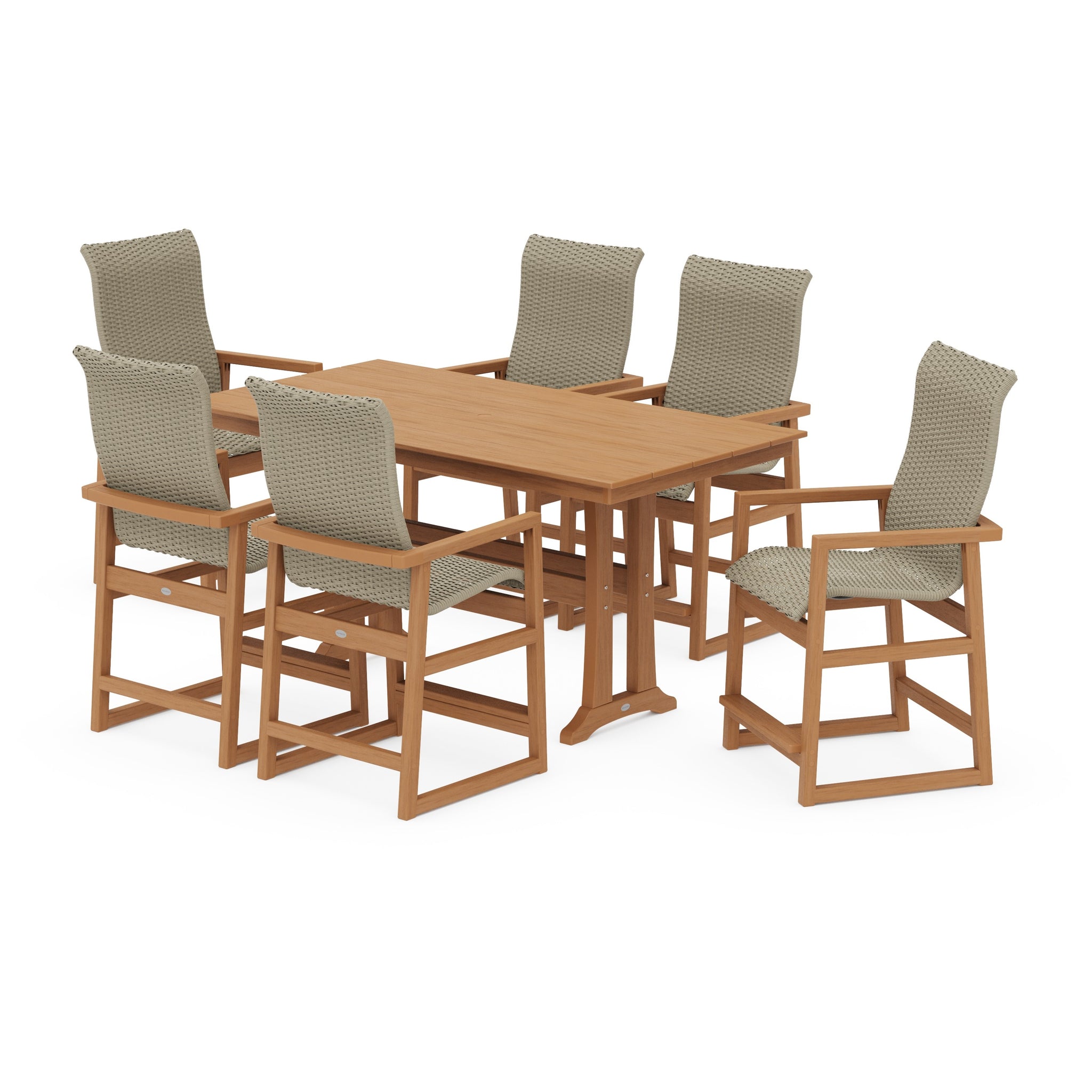 EDGE Woven Highback Arm Chair 7-Piece Farmhouse Counter Set with Trestle Legs