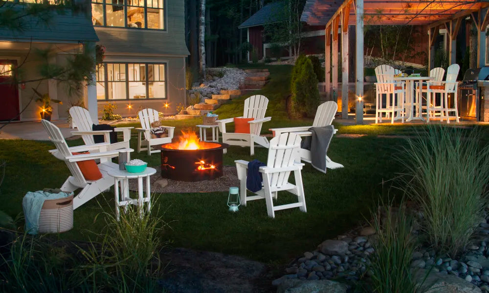 6-piece POLYWOOD Palm Coast adirondack chair set around a steel fire pit