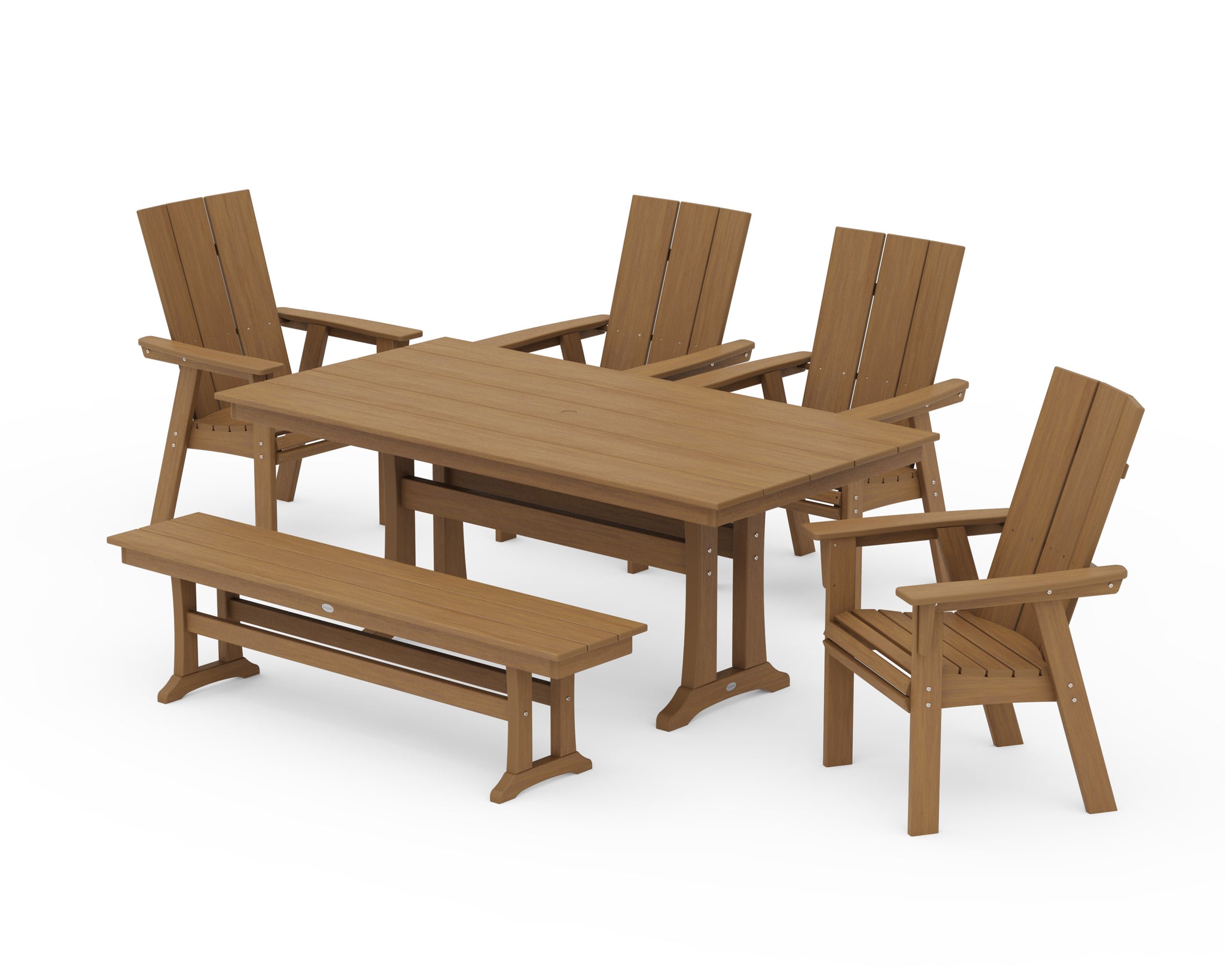 Modern Curveback Adirondack 6-Piece Farmhouse Dining Set with Trestle Legs and Bench