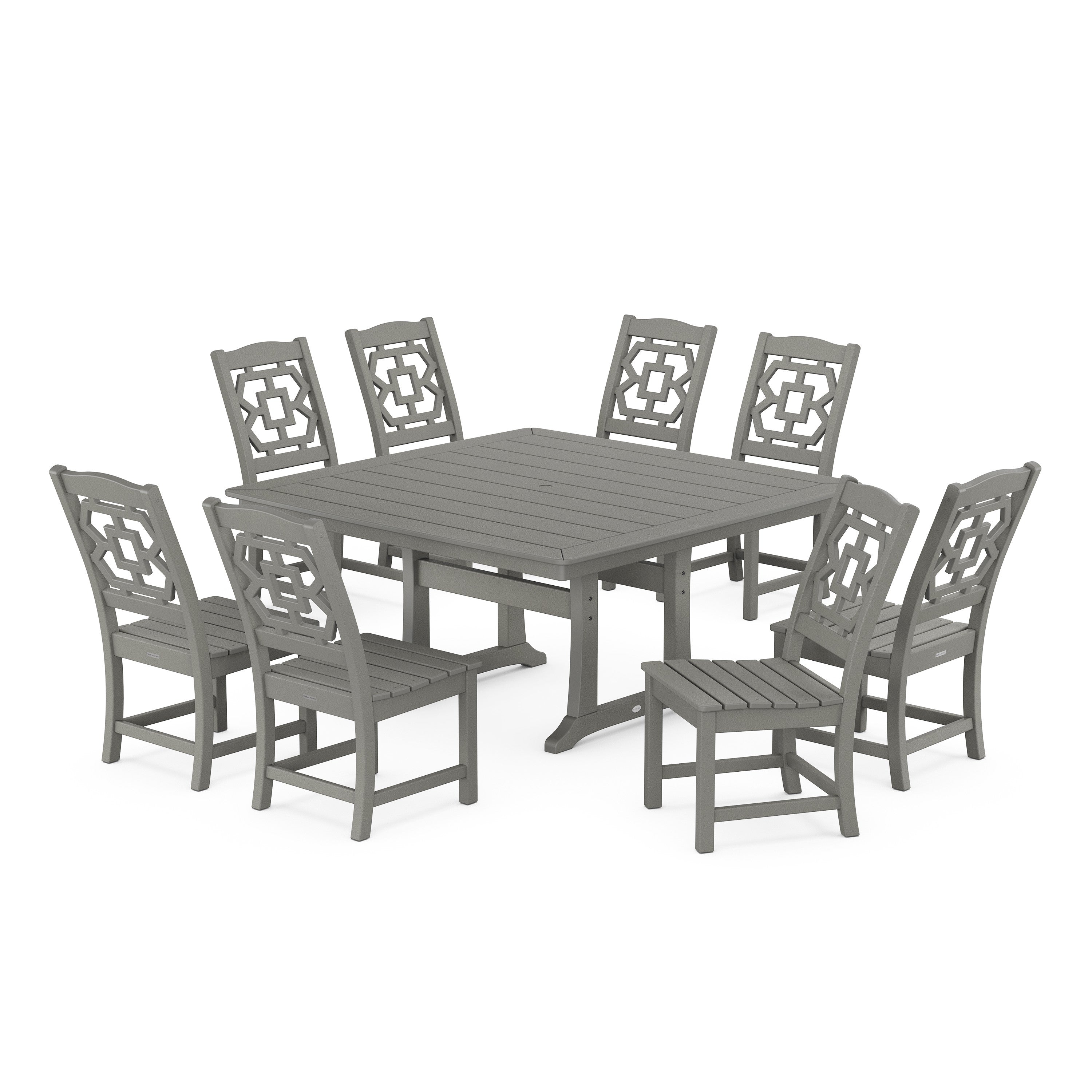 Chinoiserie 9-Piece Square Side Chair Dining Set with Trestle Legs