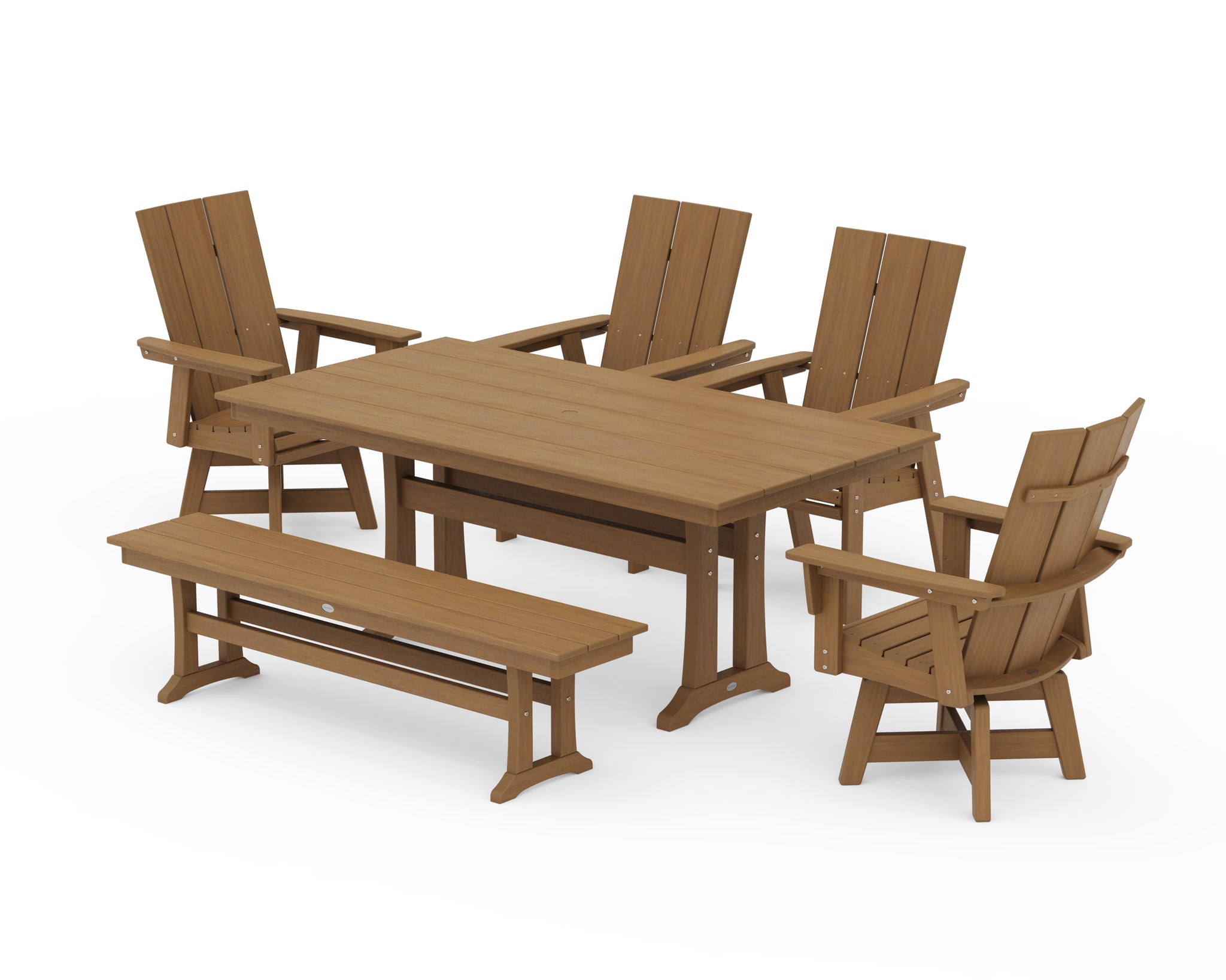 Modern Curveback Adirondack Swivel Chair 6-Piece Farmhouse Dining Set With Trestle Legs and Bench