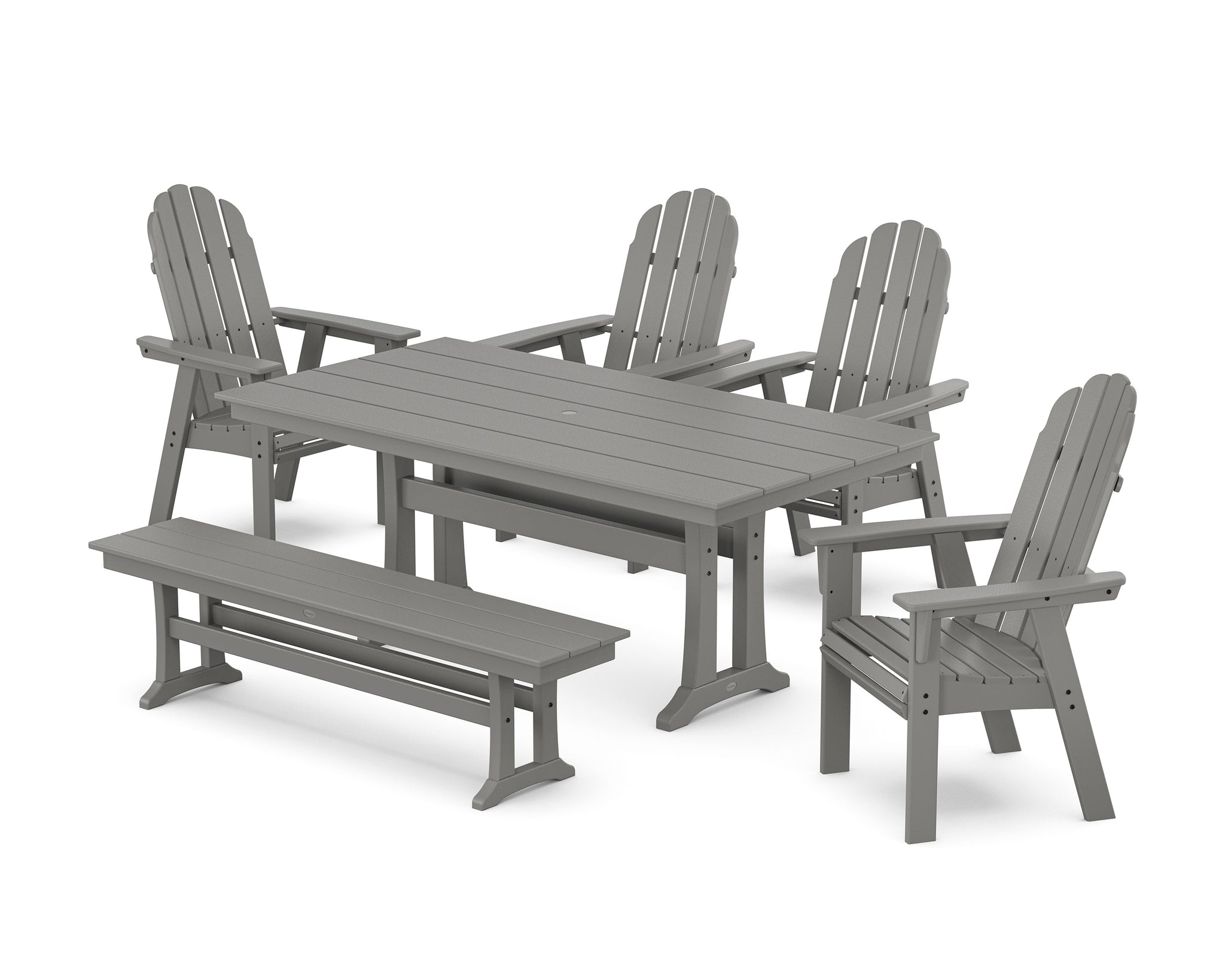 Vineyard Curveback Adirondack Chair 6-Piece Farmhouse Dining Set with Trestle Legs and Bench