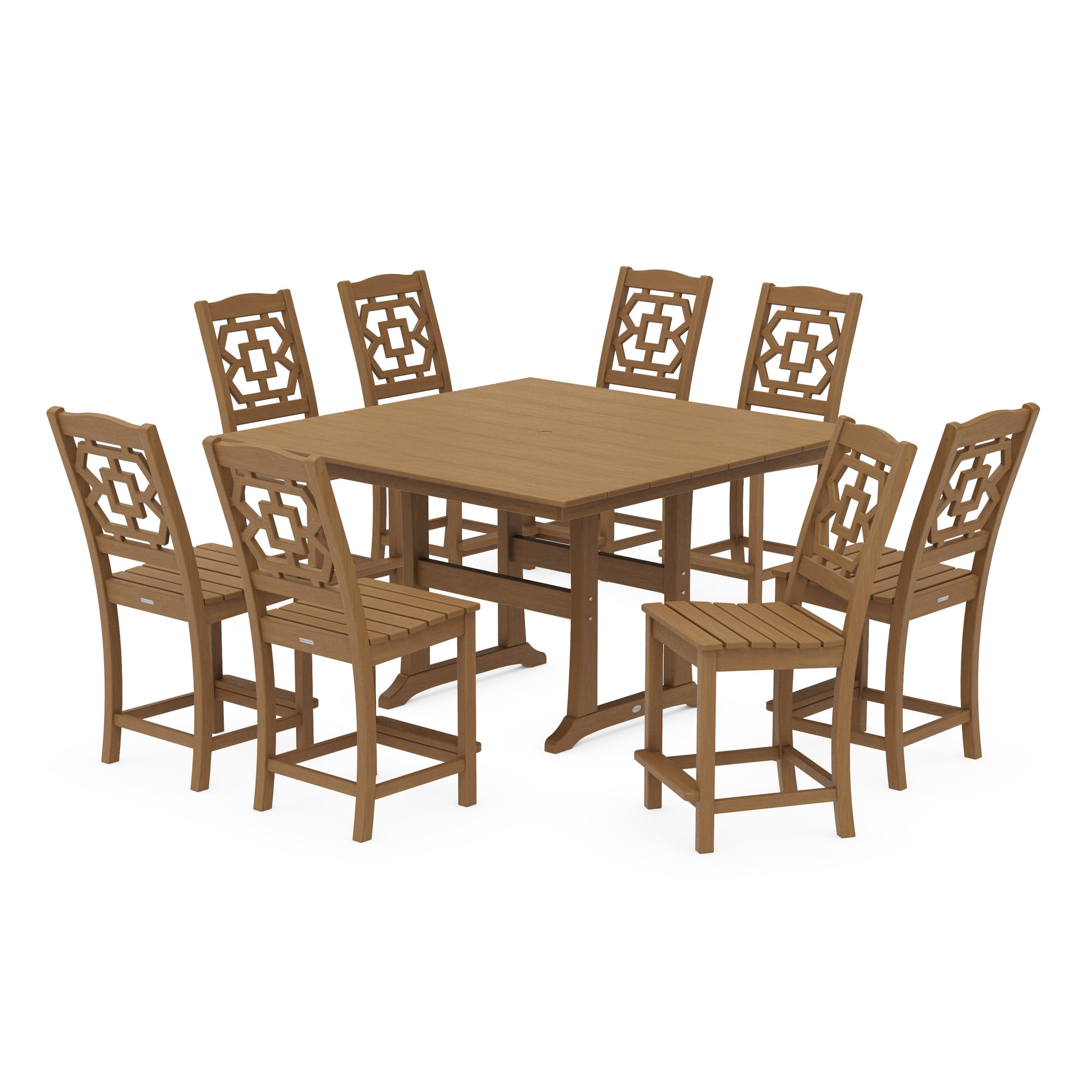 Chinoiserie 9-Piece Square Farmhouse Side Chair Counter Set with Trestle Legs
