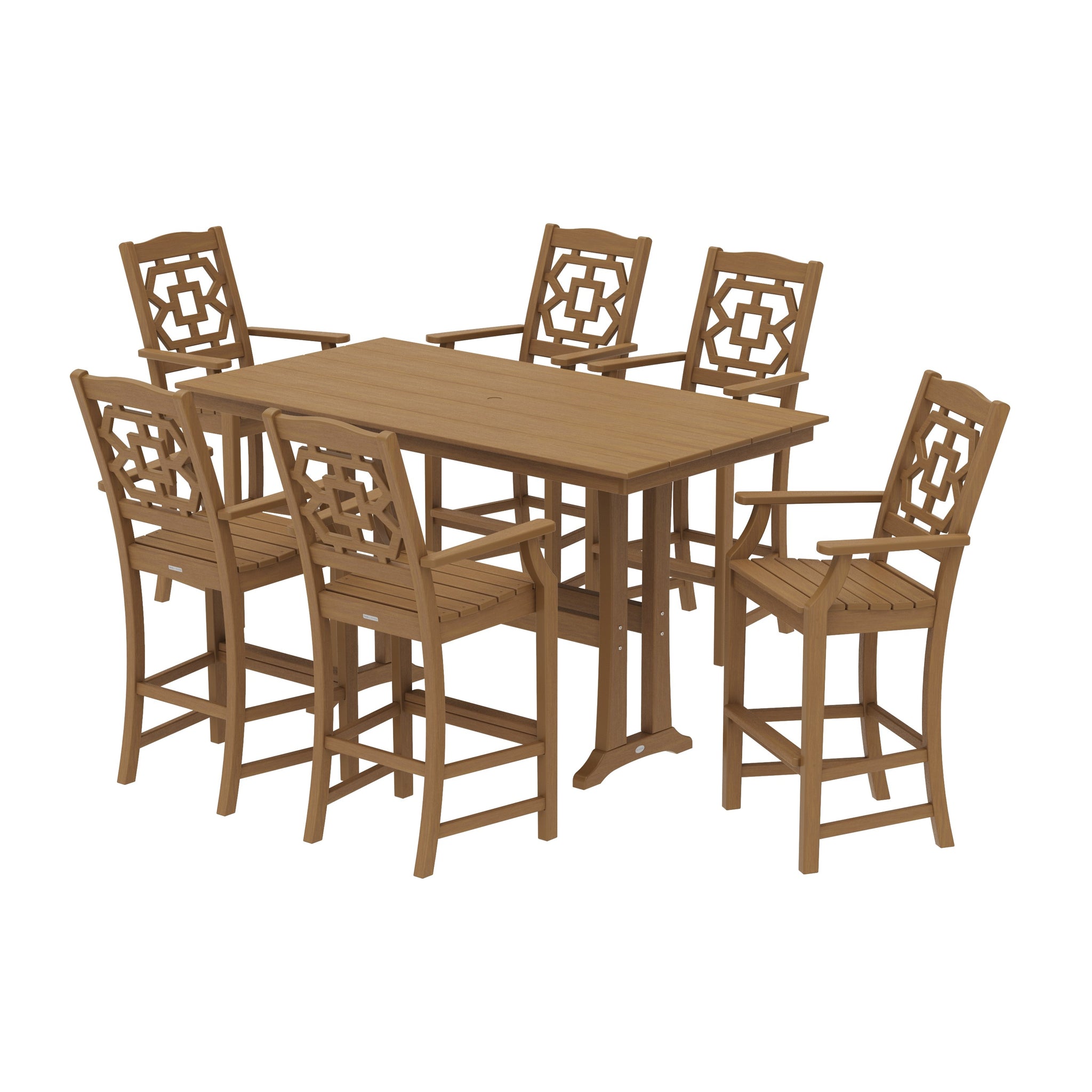 Chinoiserie Arm Chair 7-Piece Farmhouse Bar Set with Trestle Legs