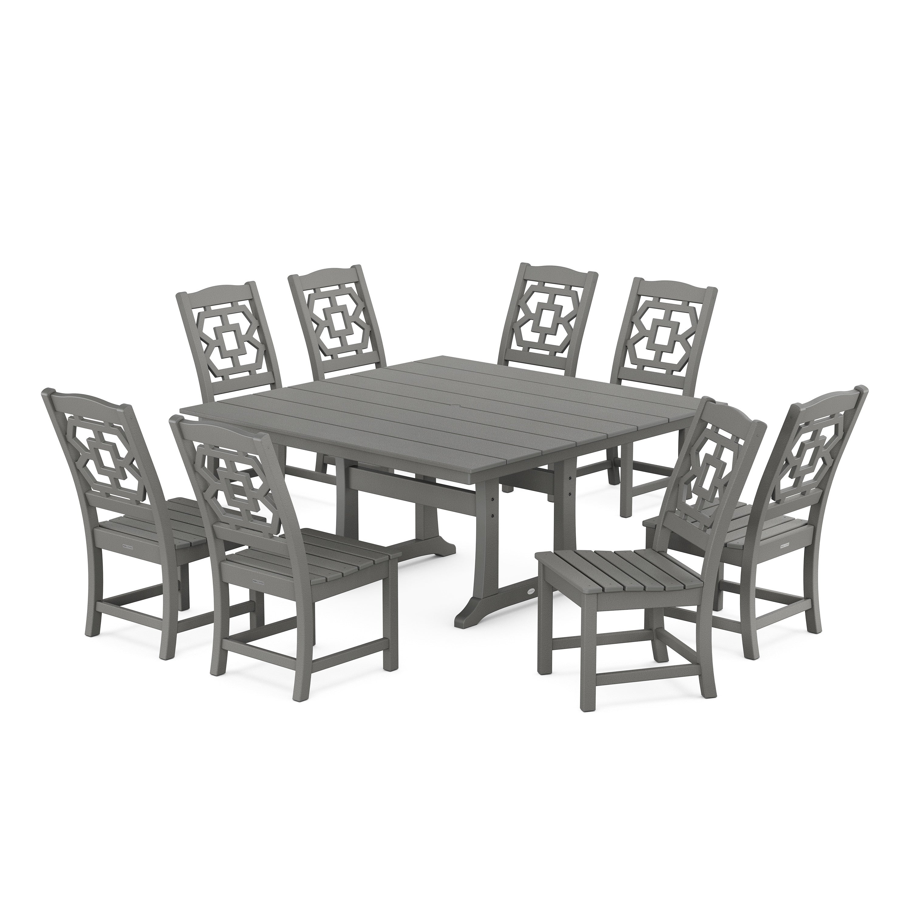 Chinoiserie 9-Piece Square Farmhouse Side Chair Dining Set with Trestle Legs