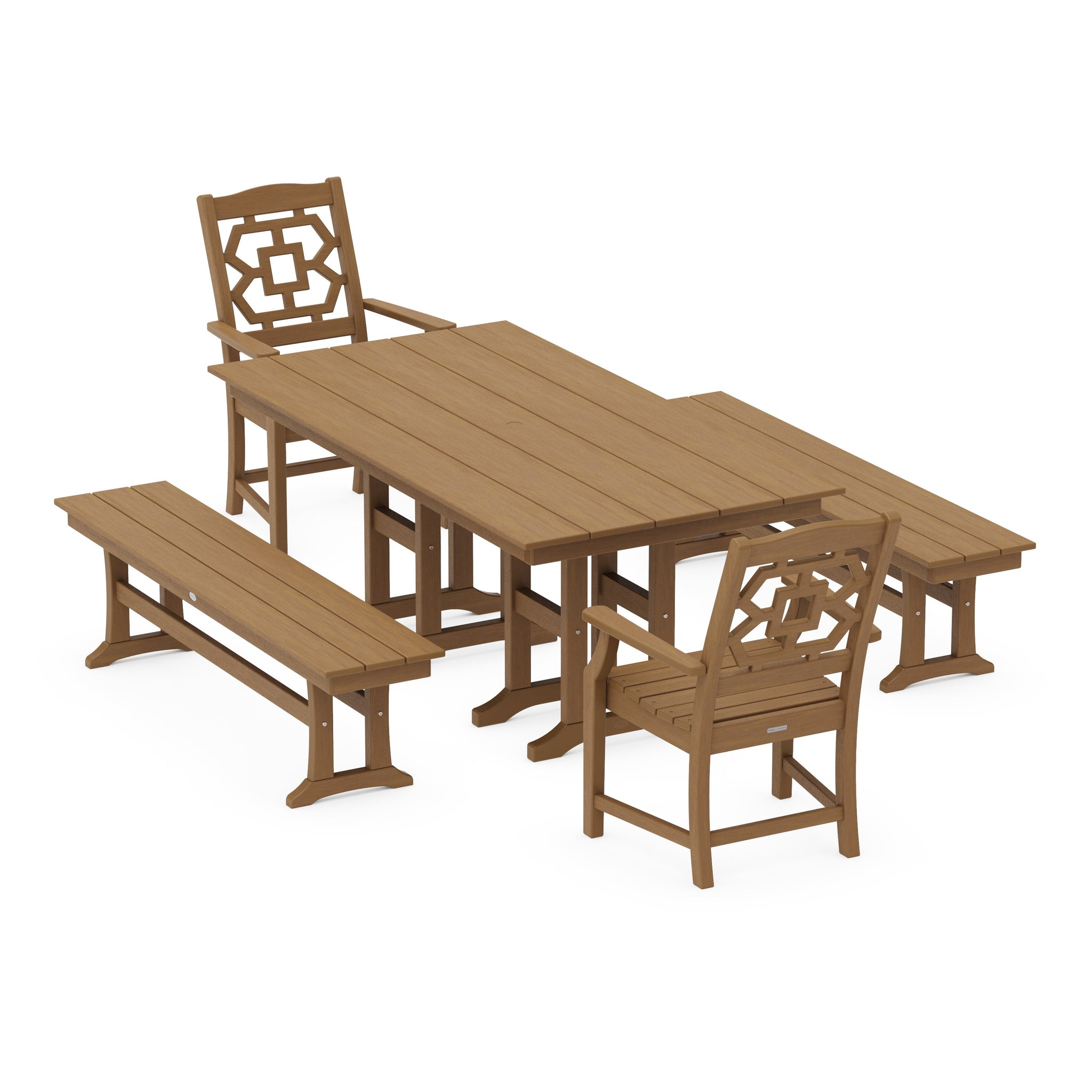 Chinoiserie 5-Piece Farmhouse Dining Set with Benches