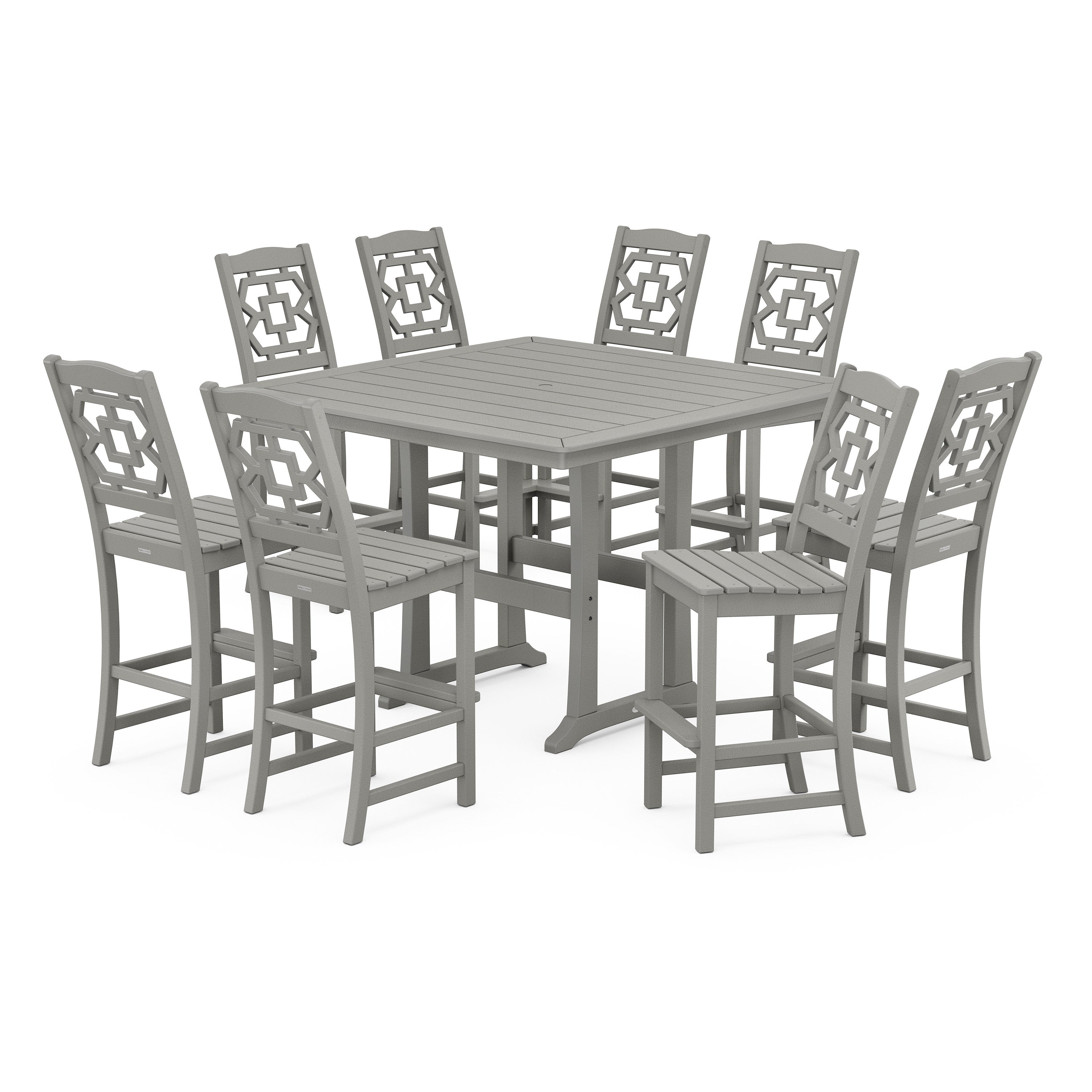 Chinoiserie 9-Piece Square Side Chair Bar Set with Trestle Legs