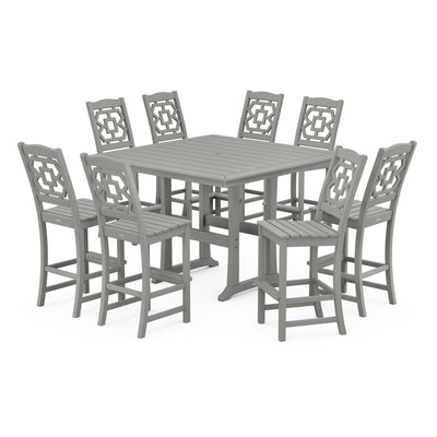 Chinoiserie 9-Piece Square Side Chair Bar Set with Trestle Legs