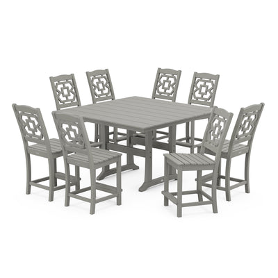 Chinoiserie 9-Piece Square Farmhouse Side Chair Counter Set with Trestle Legs