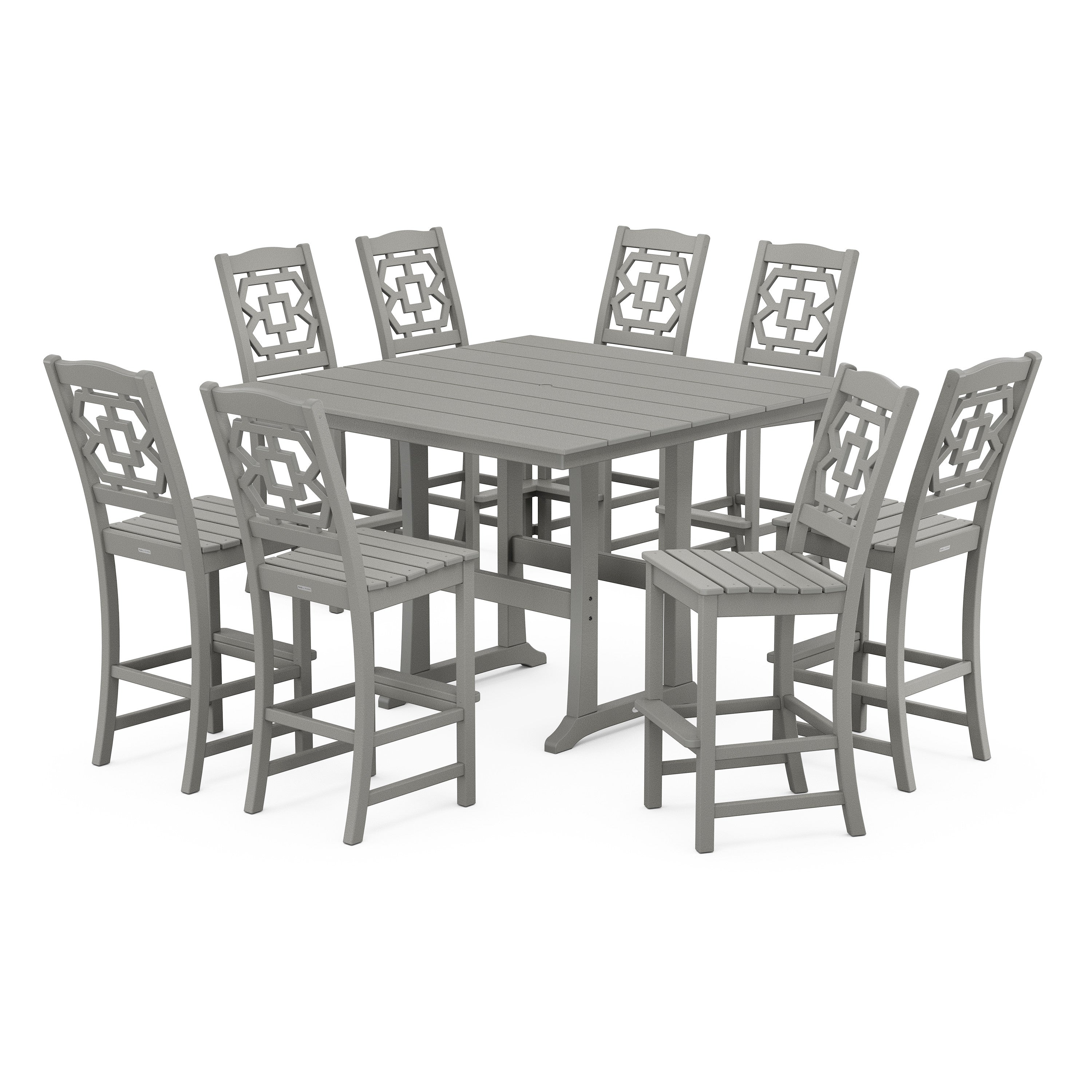 Chinoiserie 9-Piece Square Farmhouse Side Chair Bar Set with Trestle Legs