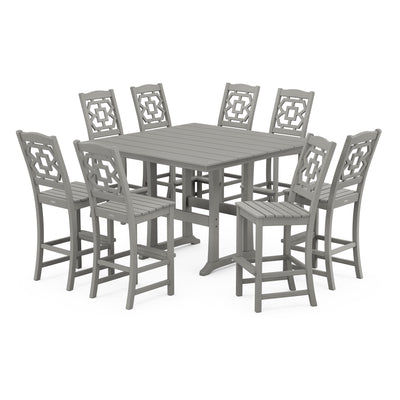 Chinoiserie 9-Piece Square Farmhouse Side Chair Bar Set with Trestle Legs